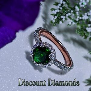 Round Cut Halo Emerald & White Baguette Diamonds 14K Rose Gold 925 Silver